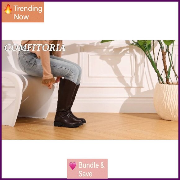 Women's Knee High Riding Boots Round Toe Flat Chunky Heel Side Zipper - Picture 8 of 8